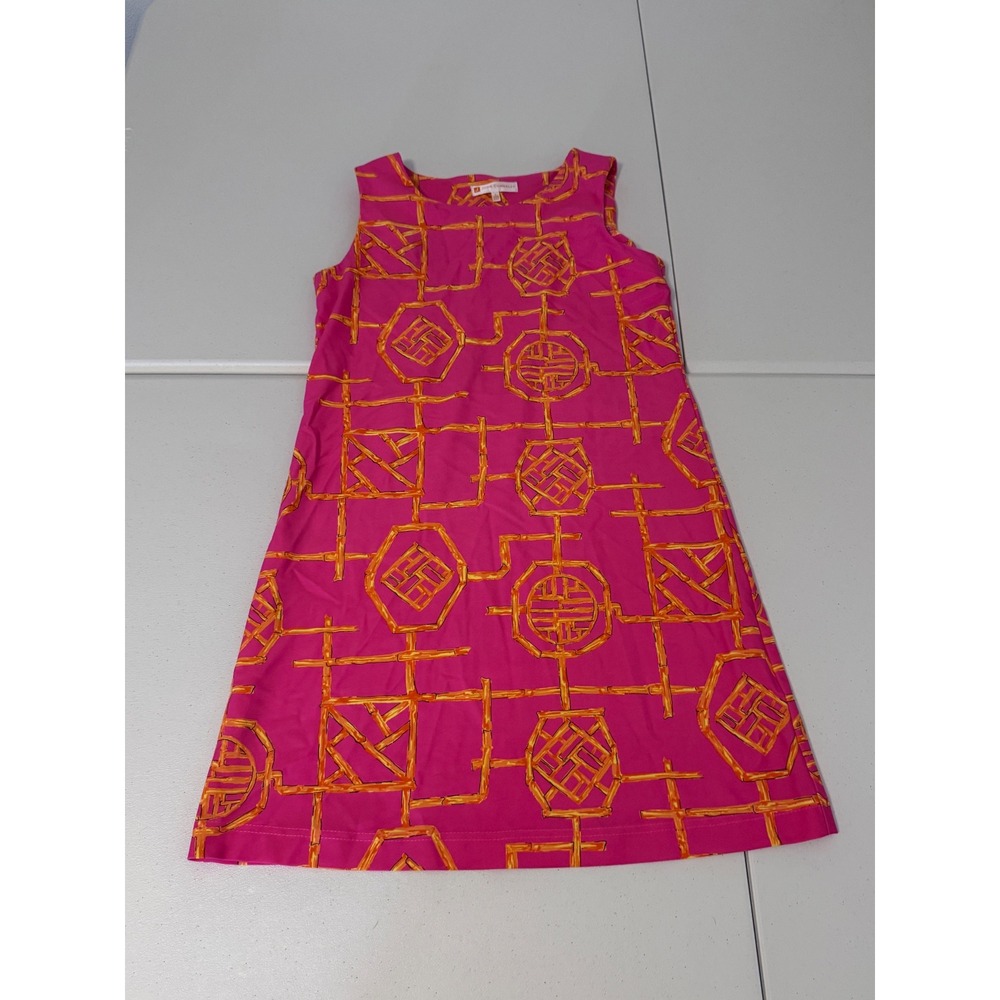 Jude Connally Pink Orange Bamboo Trellis Print Sleeveless Shift Dress Large k3 - Picture 2 of 6